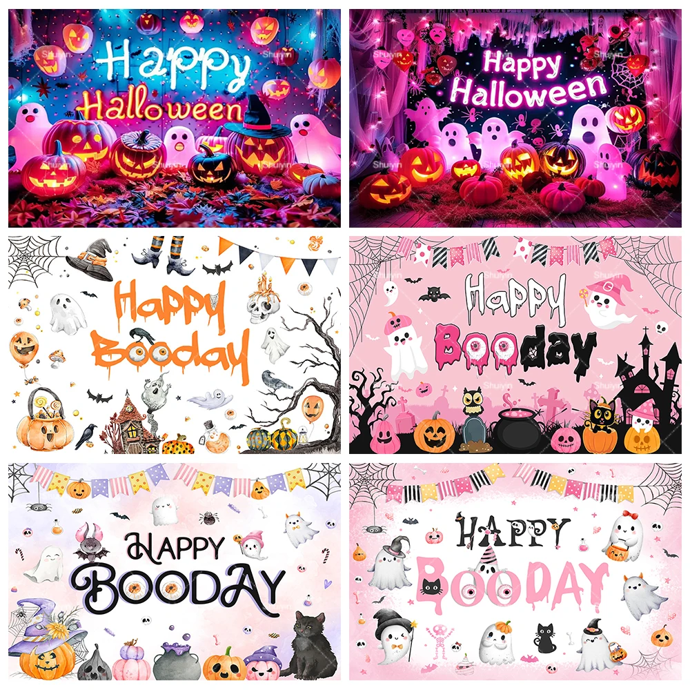 

Happy Booday Pink Soft Halloween Night Decoration Backdrop Pumpkin Ghost Trick or Treat Kid Party Decor Poster Banner Background