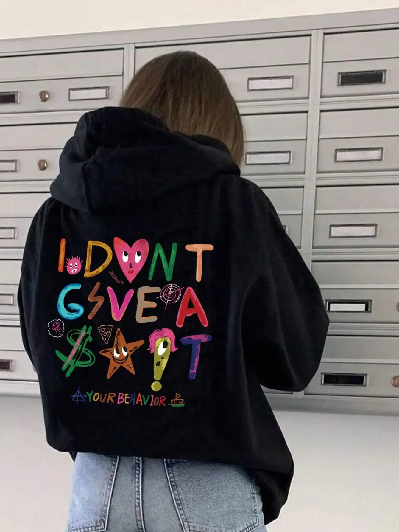 

I don't Gsvea Sait Your Be Havior Funny Letter Womens Hoody Korean Fleece Sweatshirt Crewneck Hooded Street Oversize Clothes