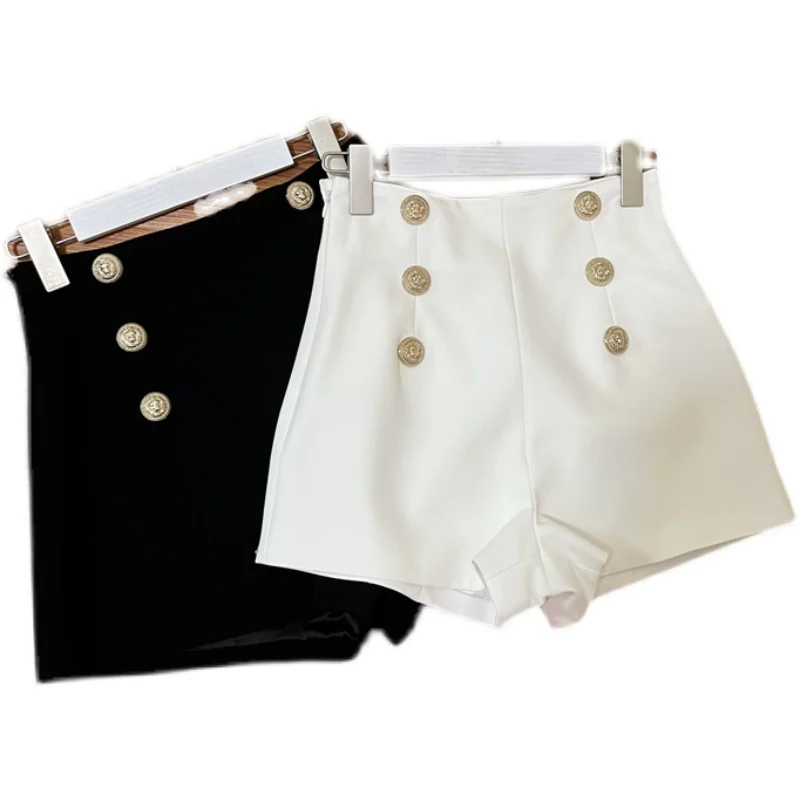 Nowe damskie spodnie z wysokim stanem na rok 2024, z podwójnym rzędem ozdobnych guzików, boczny niewidoczny zamek błyskawiczny, spodnie codzienne.