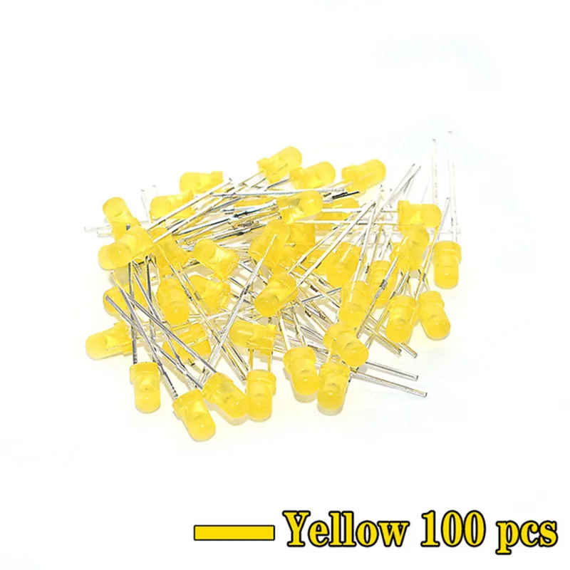 Assorted LED diodo kit de luz, kit DIY completo, verde, azul, branco, amarelo, vermelho, 3mm, 100 pcs por lote