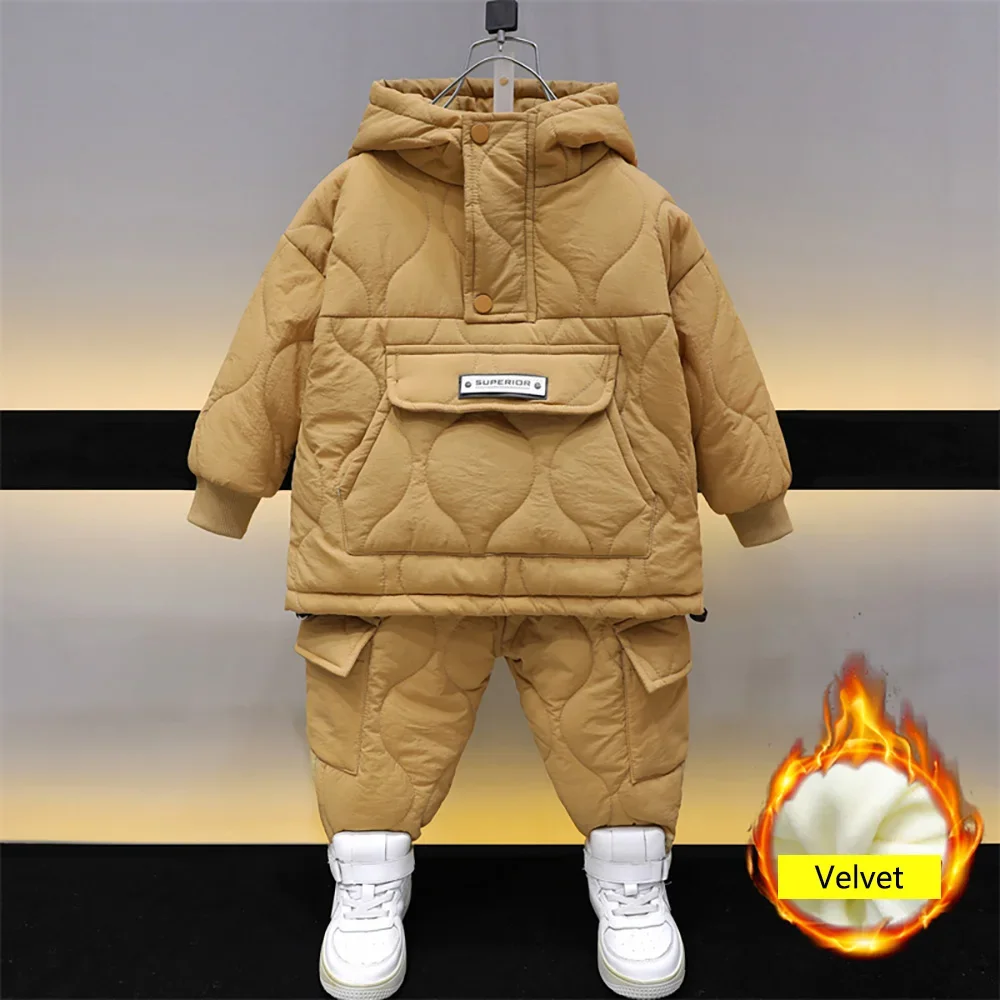 Winter Kids Boys Cotton Hooded Coats+Pants 2Pcs Kids Fleece Snowsuit Thick Warm Velvet Children Clothes Sets 2-10 Years Old