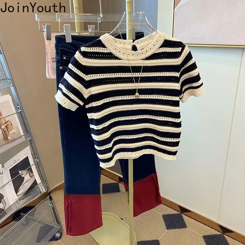 Striped Tshirts Women Clothing O-neck Short Sleeve Summer Tees Fashion Hollow Out Knitted Casual T Shirts Tops 2023 Ropa Mujer