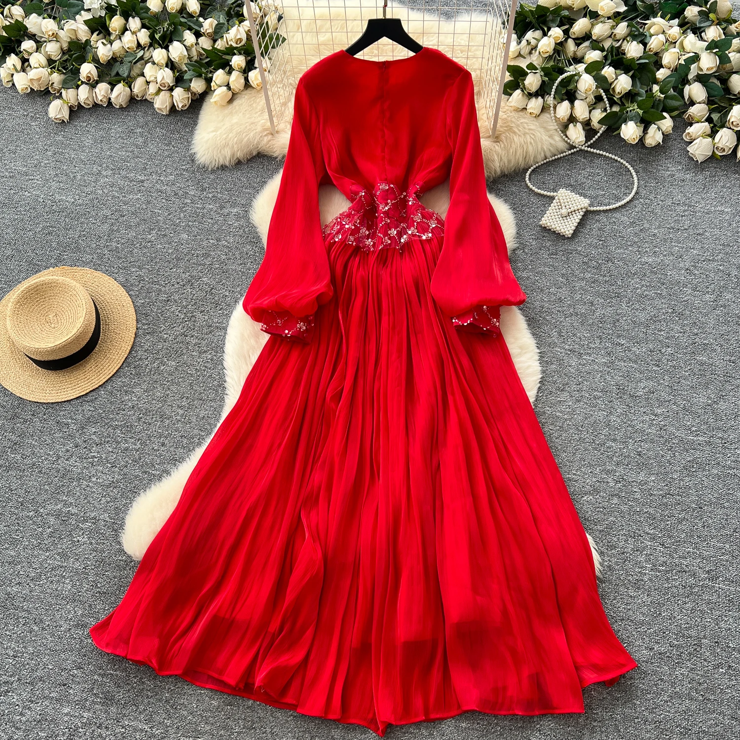 세련된 빈티지 긴 소매 오-넥 우아한 요정 한국 패션 Boho Sundress Beach 여성 의류