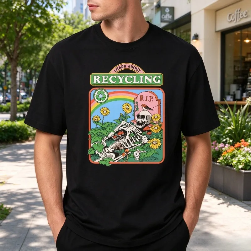 LEARN ABOUT RECYCLING T-Shirt, Vintage Skeleton Garden Graphic Tee, Soft Modal Cotton Blend, Loose Fit Short Sleeve Top for Men