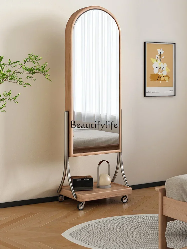 

Nordic and Japanese Style Solid Wood Full-Length Mirror Dressing Mirror Bedroom Simple Movable