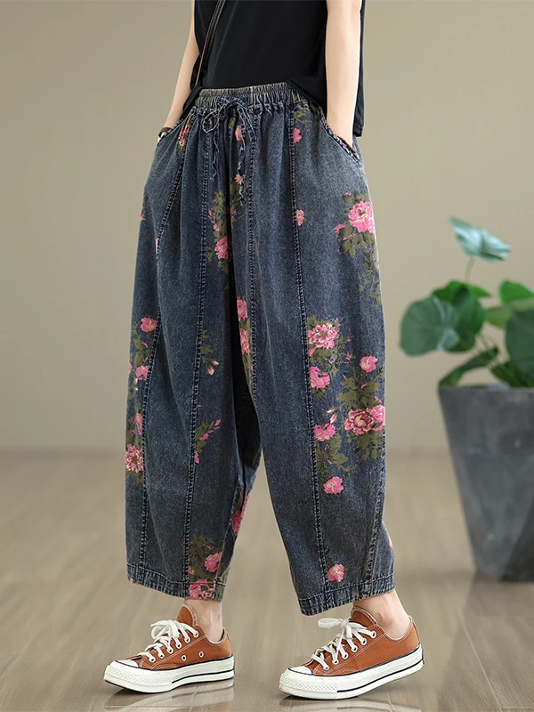 

Retro Print Casual Harlan Jeans Women's Summer Thin Loose plus Size Versatile Loose Waist Nine Points Harlan Pants