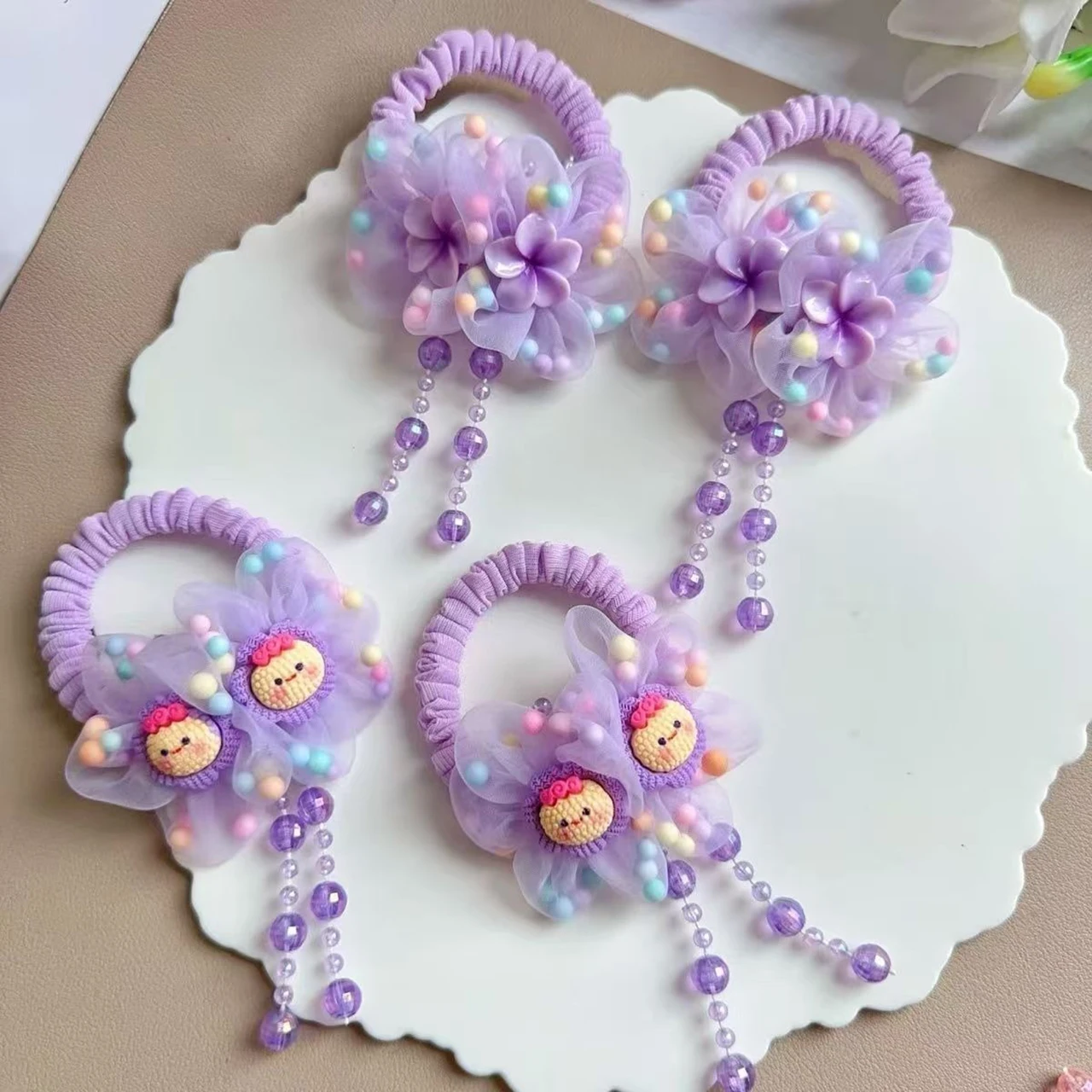 Cuerdas para el Cabello con Flores Rosas y Moradas, Accesorios para el Cabello de Niñas, Colgante de Cuentas, Borlas, Bandas Elásticas de Goma para Bebés Princesas