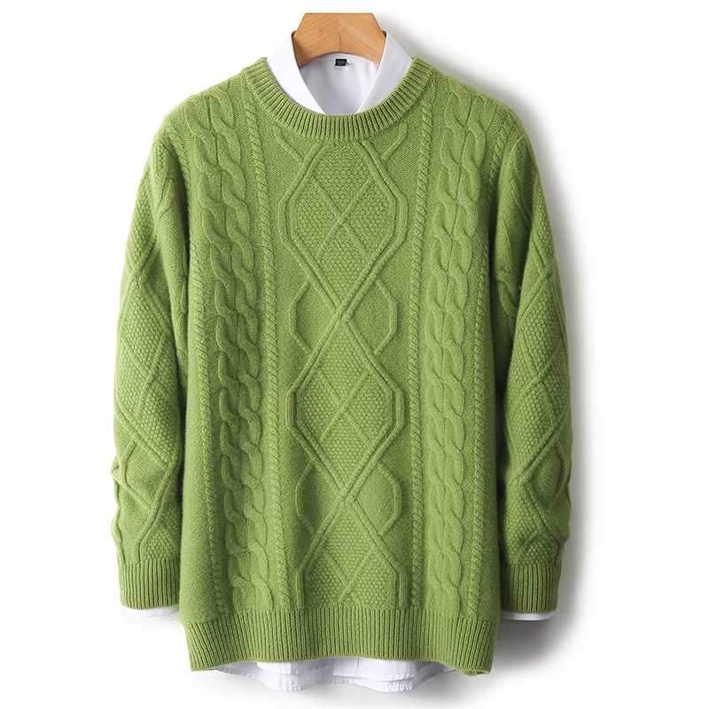 

Autumn/Winter Men's 100% Pure wool Pullover Business Casual Solid Knitted Sweater Loose Round Neck Tops Thick Warm Jumper