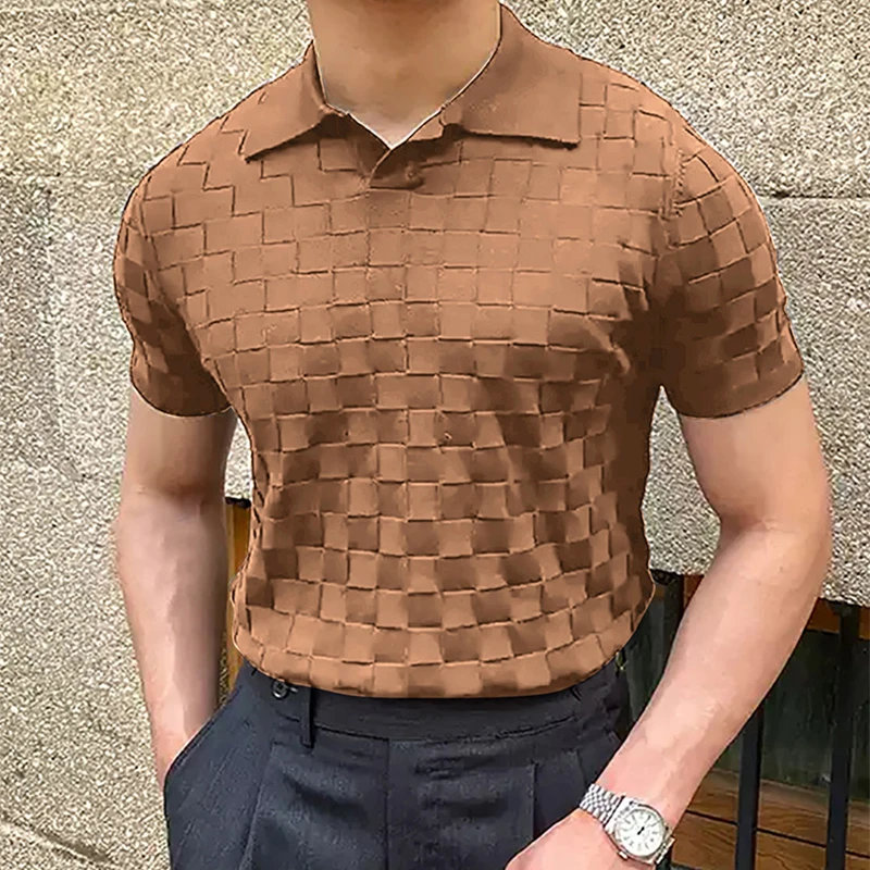 Vintage Plaid Jacquard Knitted Polo T Shirts Men Summer Casual Breathable Thin Knit Tops Mens Knitwear Fashion Slim Polo Shirts