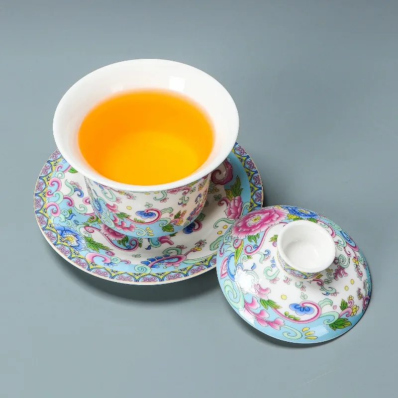 Premium Elegant Handmade Enamel Peony Porcelain Three Pieces Gaiwan Self Balancing Lid Kung Fu Tea Bowl Set for Home Office Desk