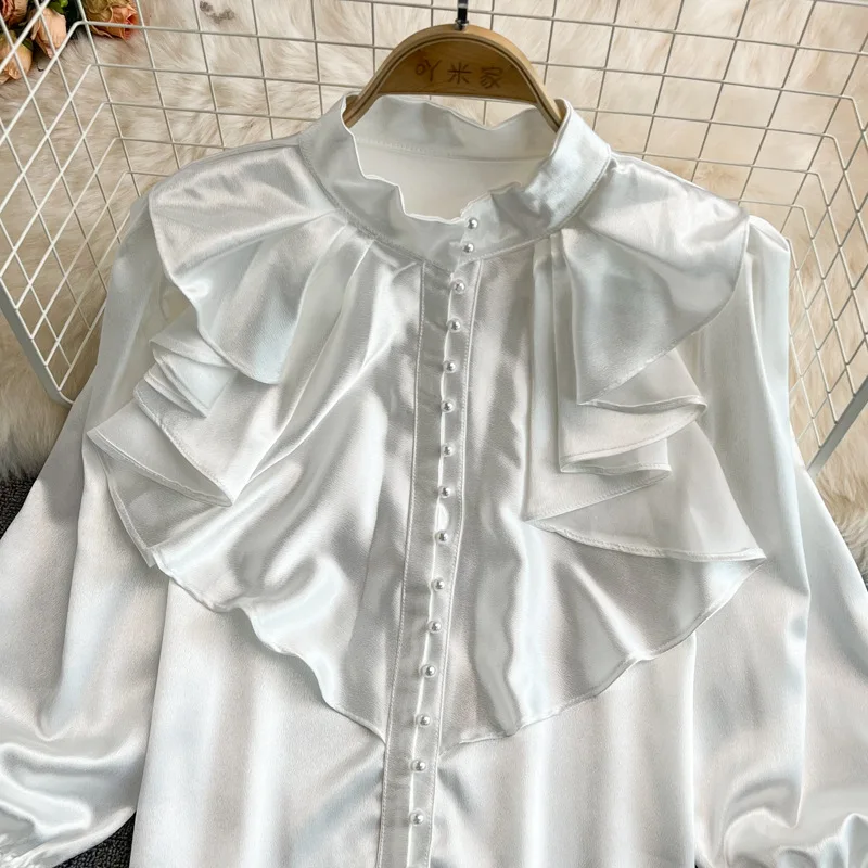 Vintage Style Flared Sleeve Stand Up Collar Acetate Satin Shirt with French Design and Western Style Loose Top