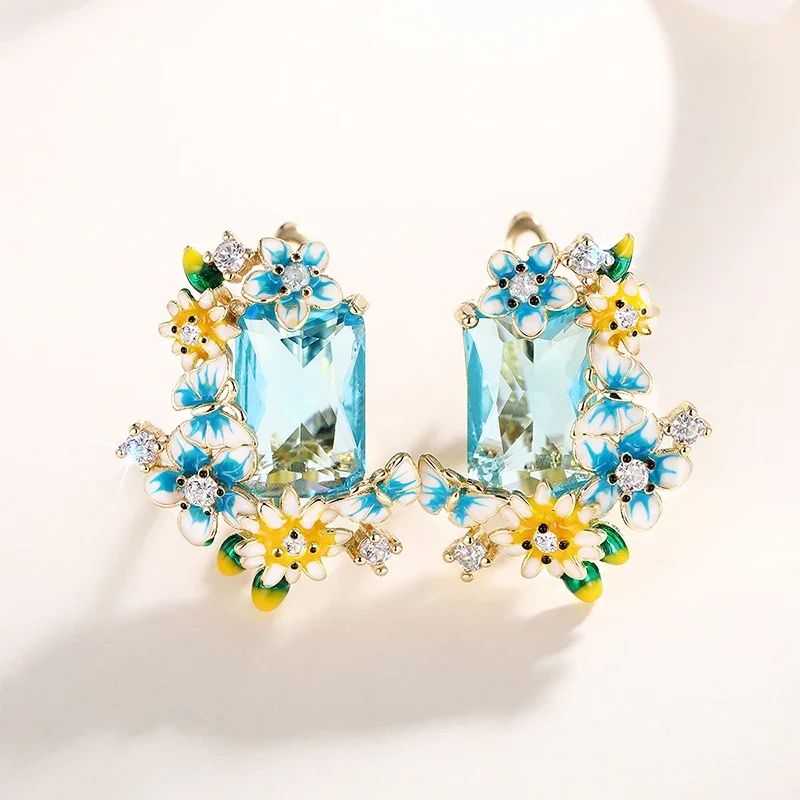 Huitan Blue Yellow Flowers Enamel Earrings with Big Sky Blue CZ Aesthetic Drop Earrings for Women Wedding Party Unique Jewelry