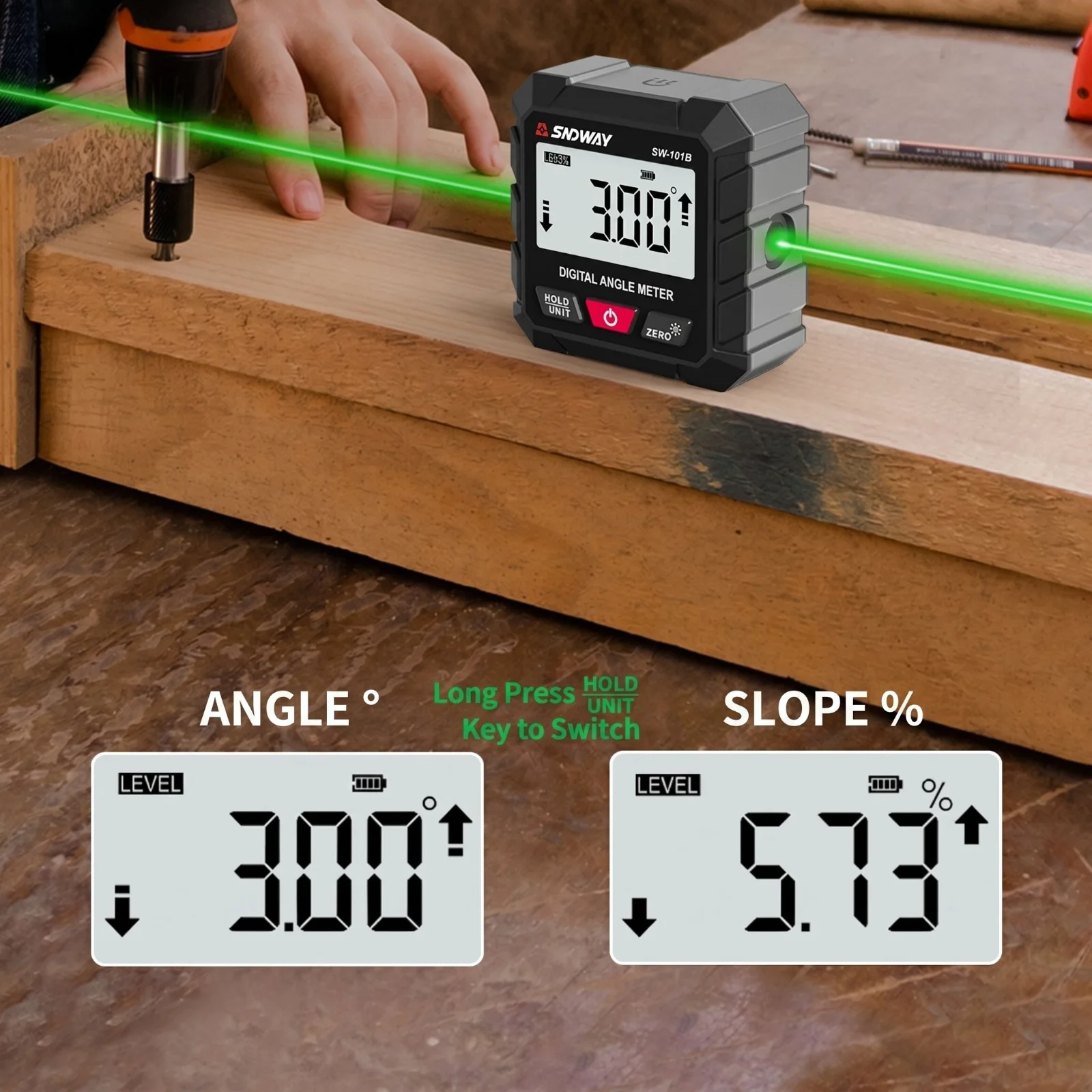 SNDWAY Digital Inclinometer 360° Laser Angle Protractor Dual Laser Lines Rechargeable Electronic Angle Finder for Woodworking