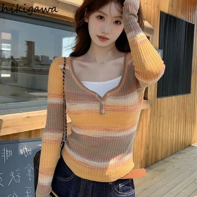 

2025 Women's Clothing Striped Sweater Long Sleeve V-neck Tunic Pull Femme Fake Two Jumper Casual Fashion Knitted Pullovers Tops