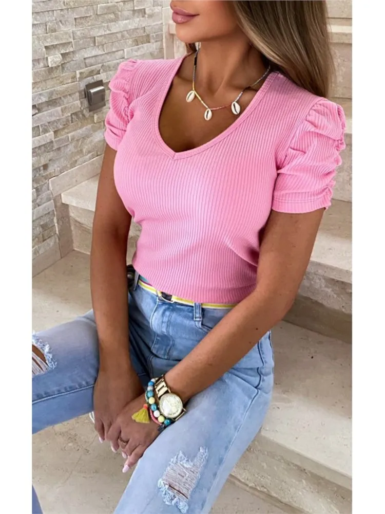 2023 Spring Summer Women\'s T-shirt V-neck Thread Casual Fashion Solid Color Pullover Bubble Sleeve Short Sleeve Women\'s T-shirt