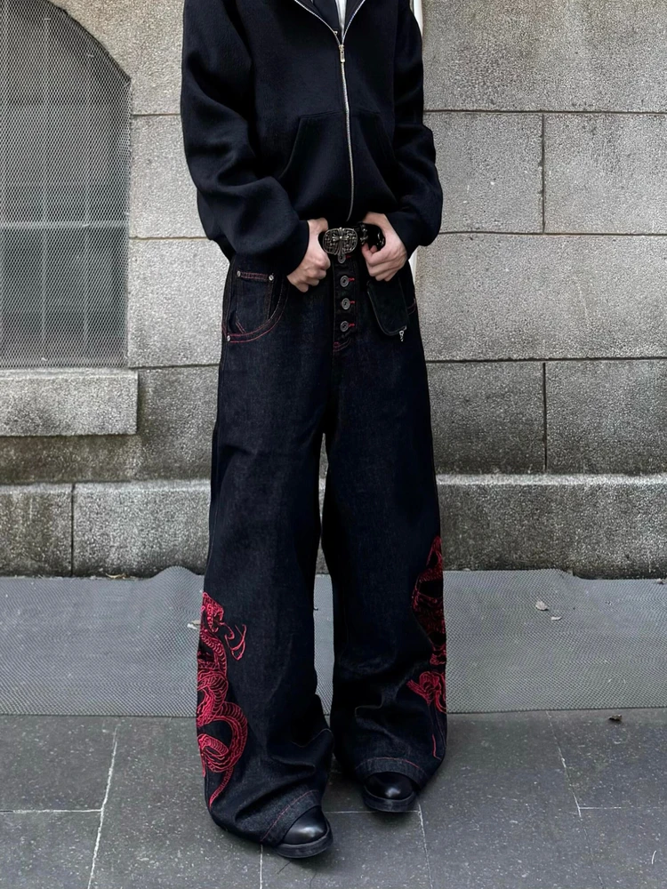 

Мужские джинсы в стиле ретро американского хип-хопа с вышивкой красного дракона, свободные, широкие, прямого кроя, темно-черные, повседневные брюки