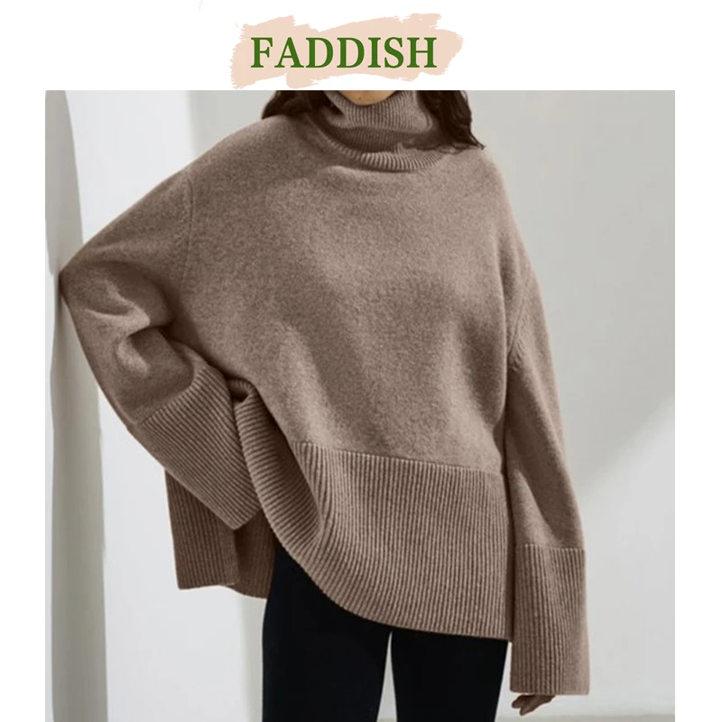 FADDISH Autumn Winter Women Fashion Loose Turtleneck Split Knit Sweater Female 2024 Solid Casual Long Sleeve Pullovers Tops