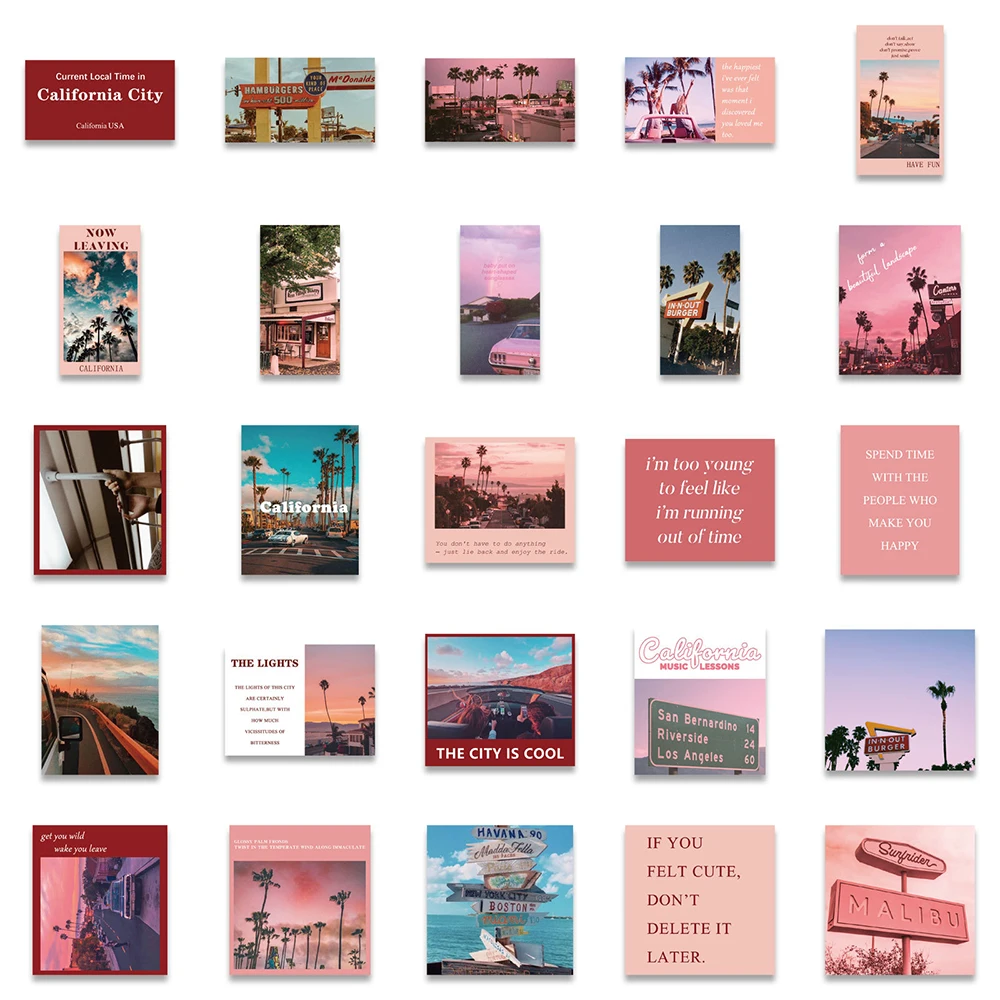 10/30/50pcs California Landscape Street View Pink Stickers Aesthetic INS Style Decals For Phone Laptop Luggage Suitcase Kids Toy