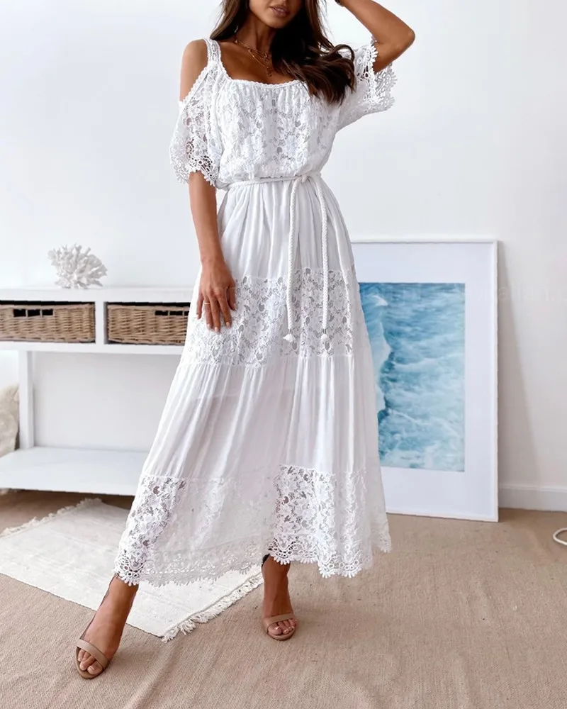 

Contrast Lace Cold Shoulder Maxi Dress Women White Elegant Dresses for Woman Clothes Summer Sexy Party Boho Beach Vestidos 2022