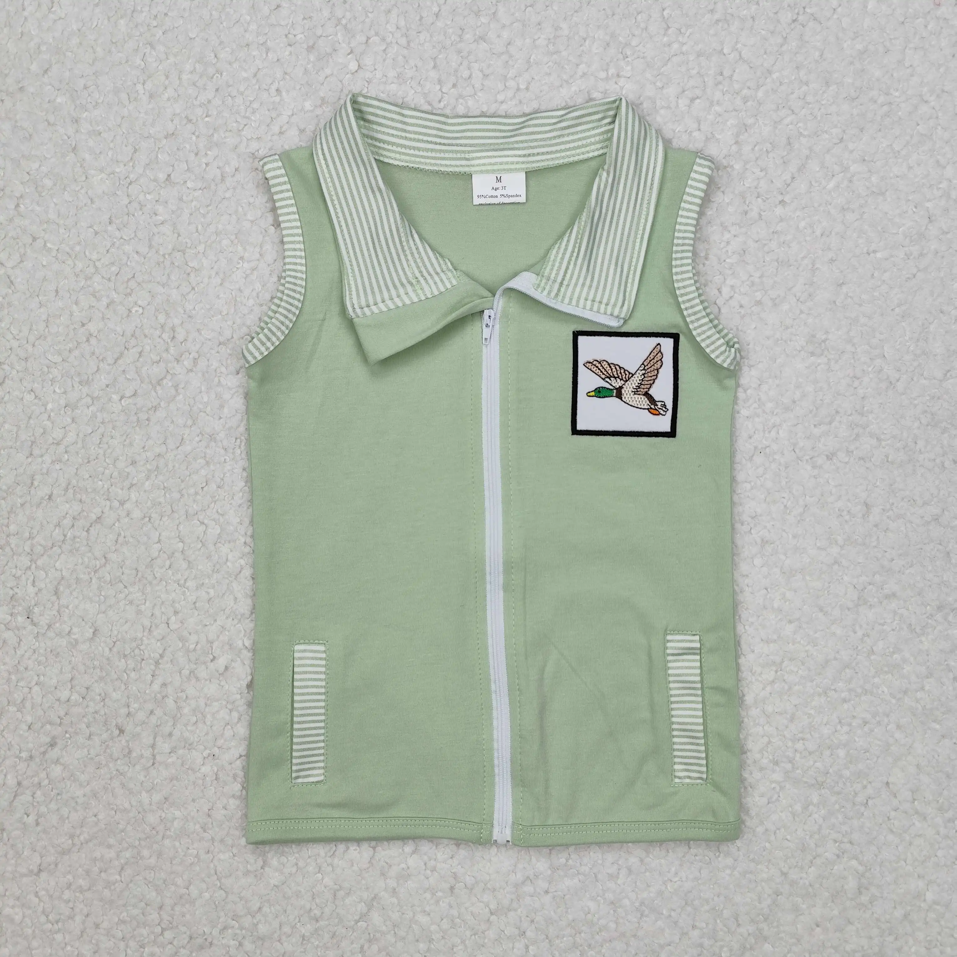 

Fashion Baby Boys Embroidered Duck Green Striped Sleeveless Zip-Up Vest Wholesale Boutique Children Clothes