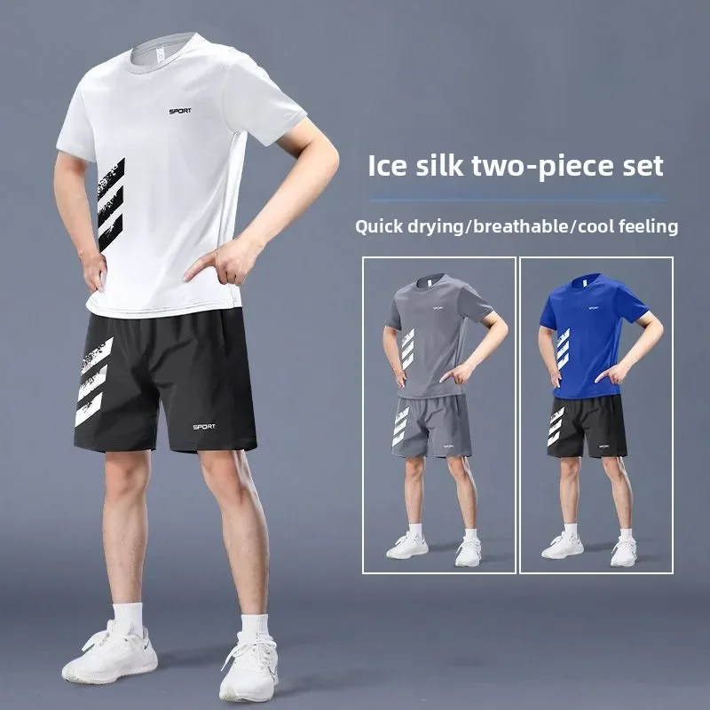 

Men's Ice Silk Quick-Dry 2pc Sports Set: Short-Sleeved T-Shirt & Shorts for Running, Fitness, Badminton Training