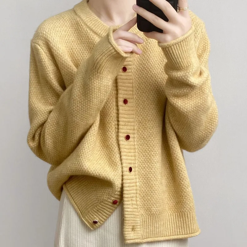 

Lazy Round Neck Thick Knitted Cardigan Sweater For Women, New Autumn And Winter Korean Style Loose Versatile Slimming Coat Top