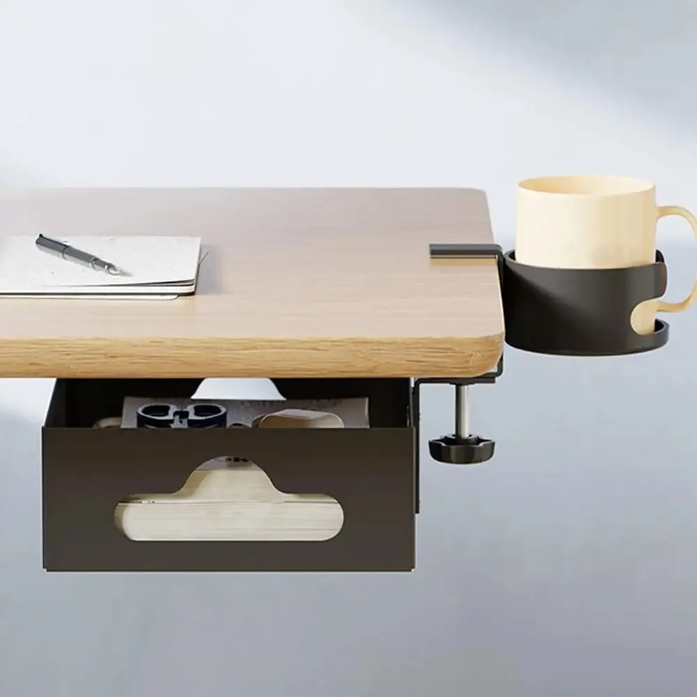 360 Degree Rotating Under Desk Storage Rack Steel High Load Capacity Clamp-On Document Tray with Cup Holder Multifunctional