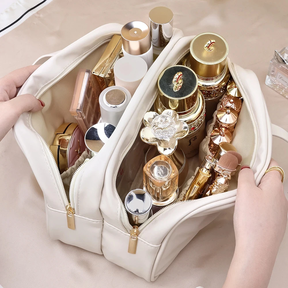 Borsa cosmetica da viaggio di grande capacità a doppio strato borsa per trucco portatile in PU borsa da bagno impermeabile per donna borsa