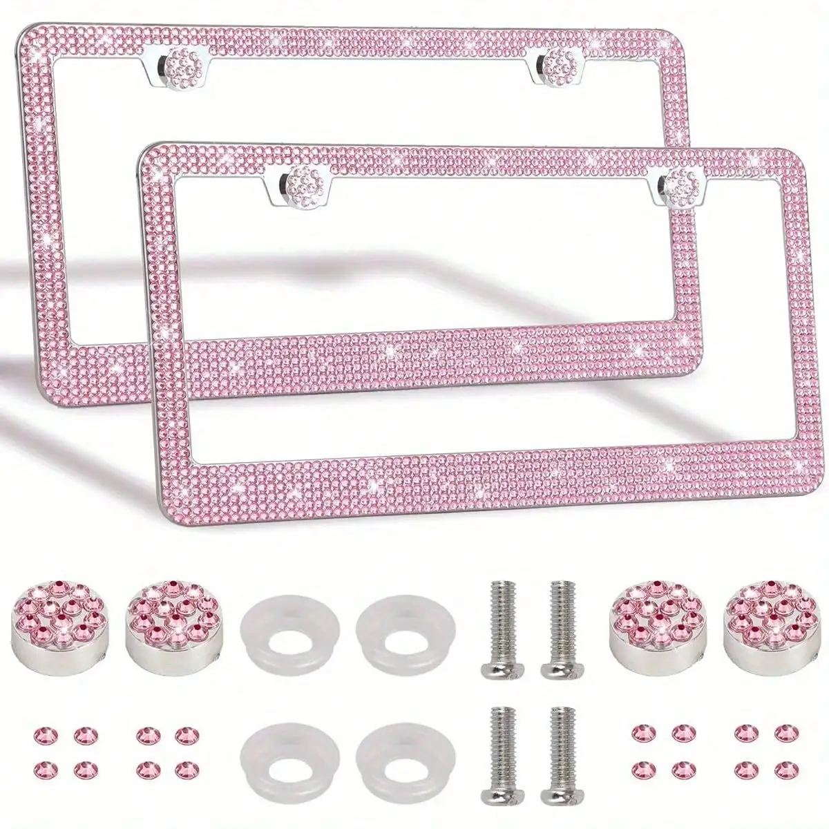 2pcs Bling Rhinestone License Plate Frame, Sparkling Crystal Car Tag Cover with Screw Caps, Universal Standard