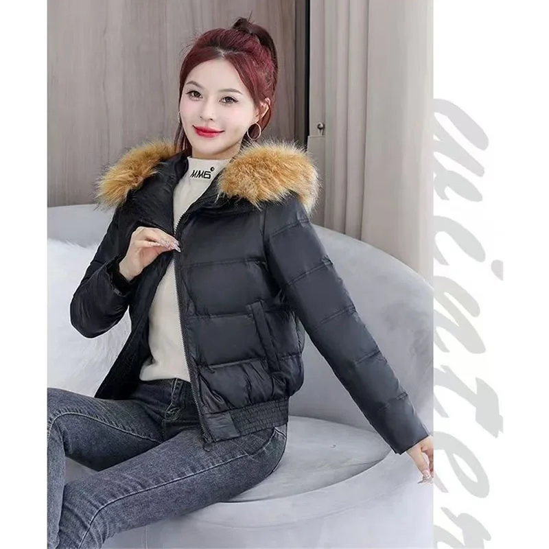 2025년 신상 여성용 코튼 코트 파카 겨울 다운 코튼 재킷 숏 도파민 귀여운 후드 퍼 칼라 방풍 따뜻한 대학 스타일 오버코트