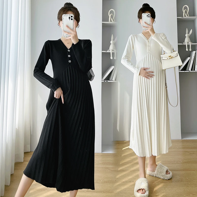 732# Autumn Winter Warm Knitted Maternity Long Dress Elegant A Line Slim Loose Clothes for Pregnant Women Pregnancy Sweaters