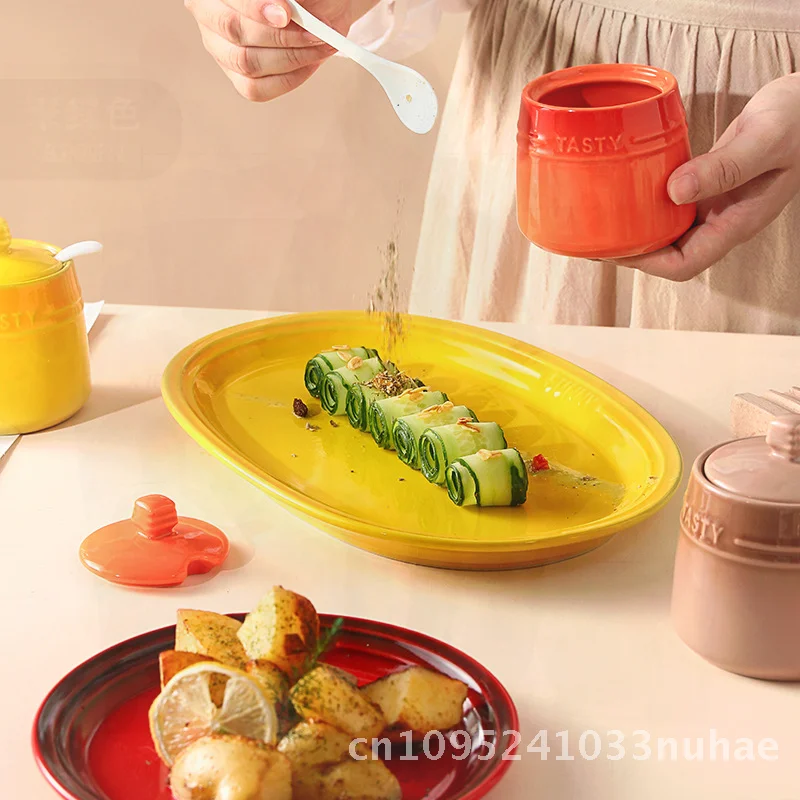 Nordic Ceramic Gradient Colorful Seasoning Jar Creative Kitchen MSG Salt Container Solid Seasoning Holder Household Item