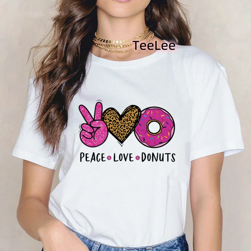 

Aesthetic Tops Tshirt Women Peace Love Dount T-Shirt Fashion Female Tshirt Harajuku Printing Summer Graphic Goth T-shirt Women