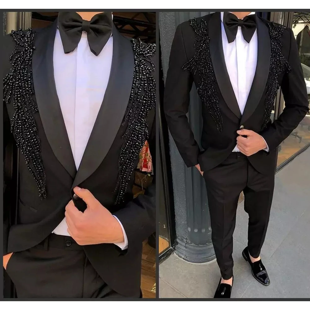 

High-end Beading Men Suits Luxury Fashion Black Shawl Lapel Male Blazer Chic Solid Color Slim Fit Wedding Tuxedo Formal 2 Piece