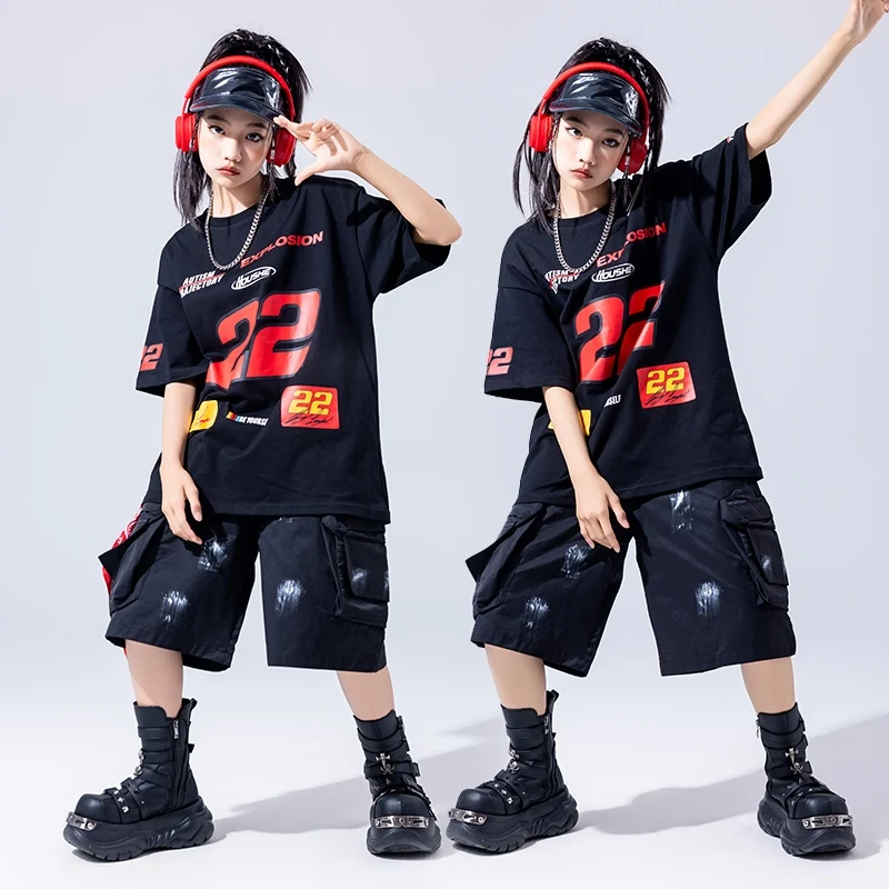 2025, neue Hip-Hop-Tanzkostüme für Mädchen, lose T-Shirts, schwarze Shorts, Outfits für Jungen, Jazz-Performance-Show, Bühnenkleidung DQS 19873