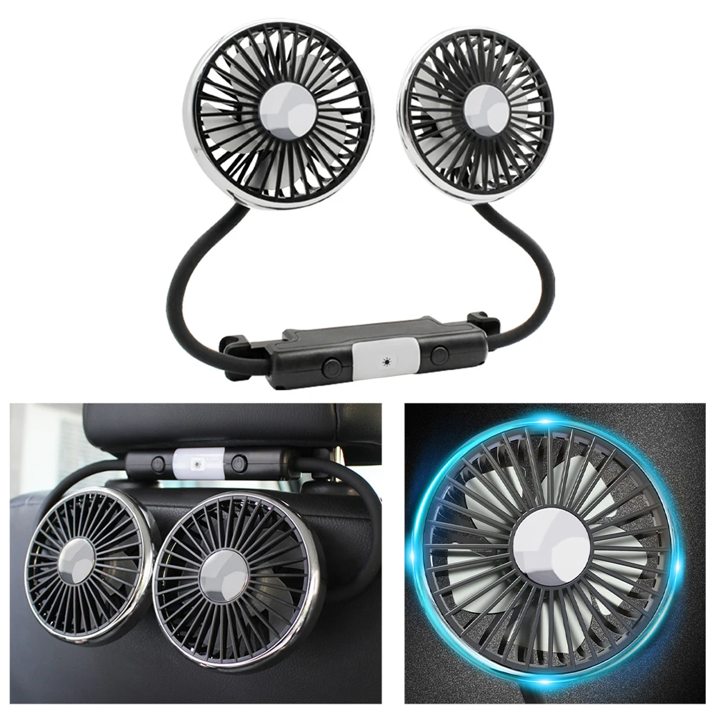 

360 ° Автомобильный вентилятор с двумя головками, вращающийся, 3-скоростной, питание от USB, для заднего сиденья, воздушного охлаждения, отопления, охлаждения и вентиляционных отверстий, системы и детали HVAC
