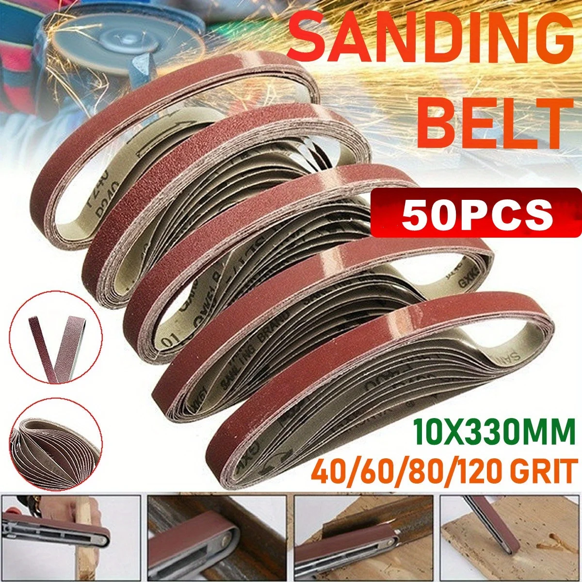 50pcs 5Rolls 10x330mm(0.39X12.99inch) Sanding Belt For Belt Sander Polishing Machine 40/60/80/120 Grit