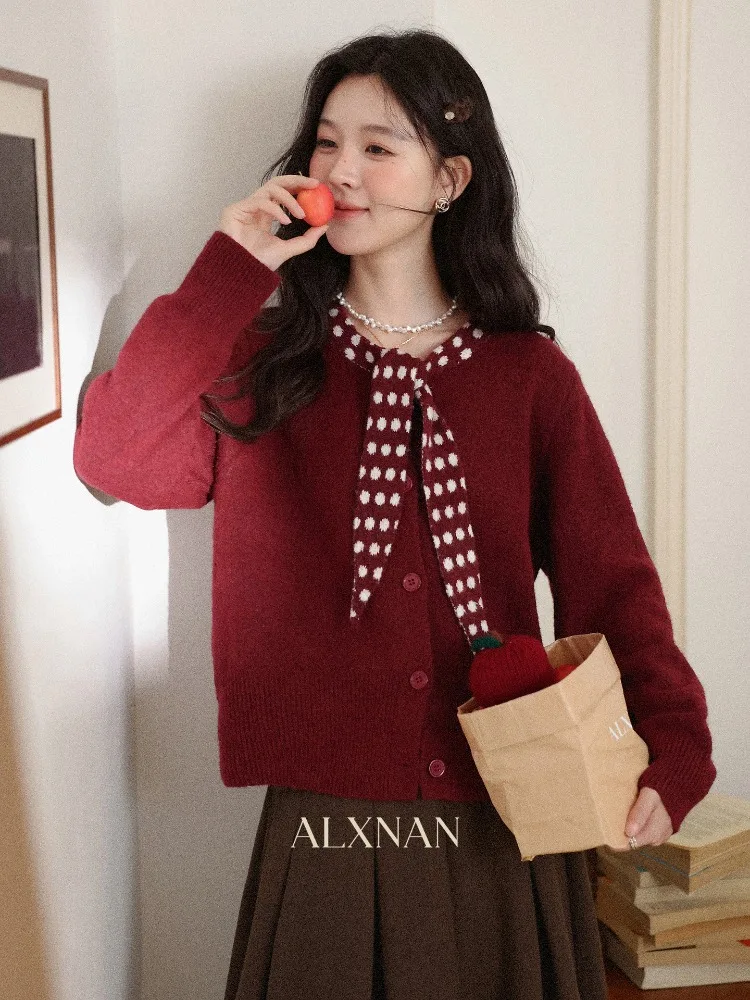 

ALXNAN Christmas Red Cardigan French Style Women's Winter Long Sleeve Sweater Polka Dot Bow Elegant Fashion Knitted Top L58272-1