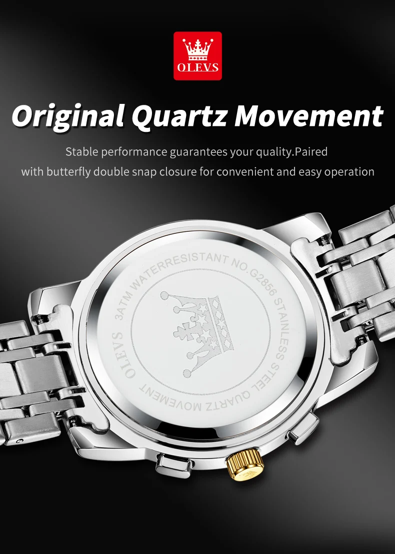 OLEVS 2856 Quartz Watch for Men Flywheel Skeleton Chronograph Moon Phase Multifunctional Stainless Steel Men's Wristwatches