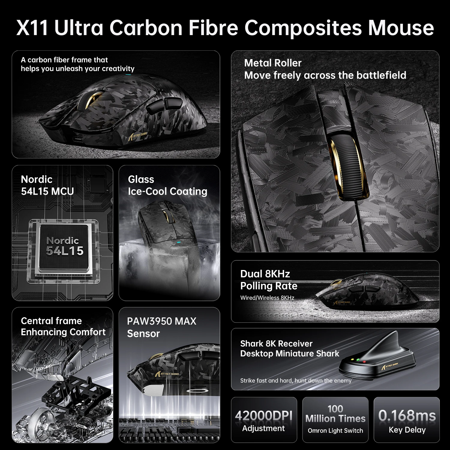 ATTACK SHARK X11 ULTRA 8000Hz Wireless Gaming Mouse 59g Carbon Fiber PAW3950MAX 42000DPI Tri-Mode Bluetooth Professional Mouse