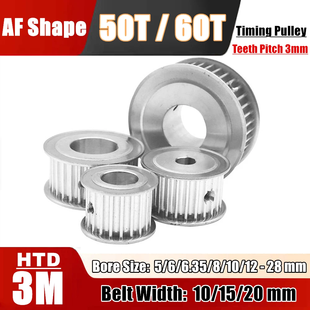 Timing Pulley HTD 3M 50/60Teeth Bore 5/6/6.35/8/10/12-28mm Groove Aluminium Alloy Wheels for HTD 3M Timing Belt Width 10/15/20mm