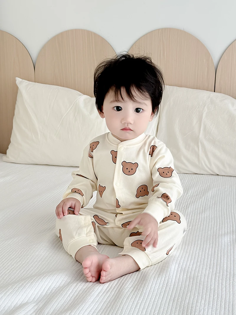 MILANCEL New Autumn Baby Clothes 0-2 Y Newborn Cotton Jumpsuit Skin-friendly Underwear Infant Cartoon Bear Romper Sleepwear