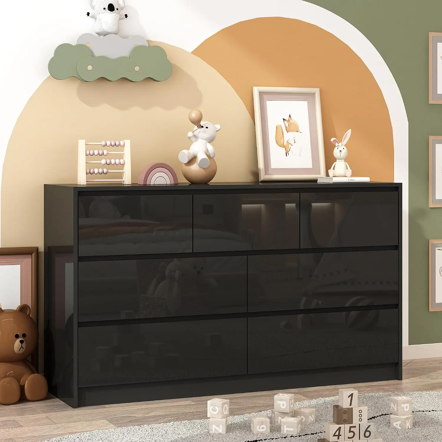 Black Malm Dresser for Bedroom, 55 Inch Long High Gloss Dresser with 7 Drawers, Modern Large Wood Chest of Drawer Handle Free