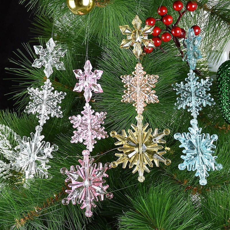 10Pcs Acrylic Transparent Christmas Crystal Snowflake Ornaments Xmas Tree Hanging Pendants DIY Home New Year Party Decoration