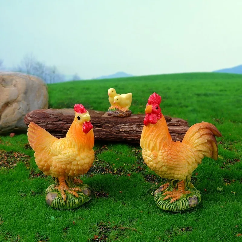 3Pcs Farm Animal Rooster Hen Chick Figurines Mini Fairy Garden Miniature Models DIY Landscaping Desk Small Ornaments Home Decor