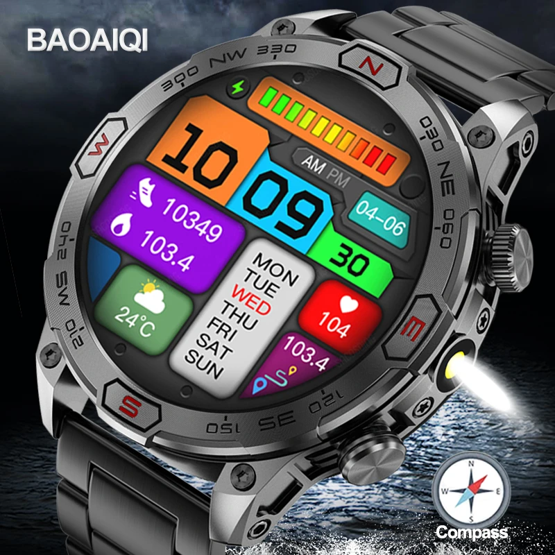 

Flashlight New Smart Watch Outdoor Sport Compass 1ATM Waterproof Watch Men Bluetooth Call Smartwatch GPS Track Clock For Android