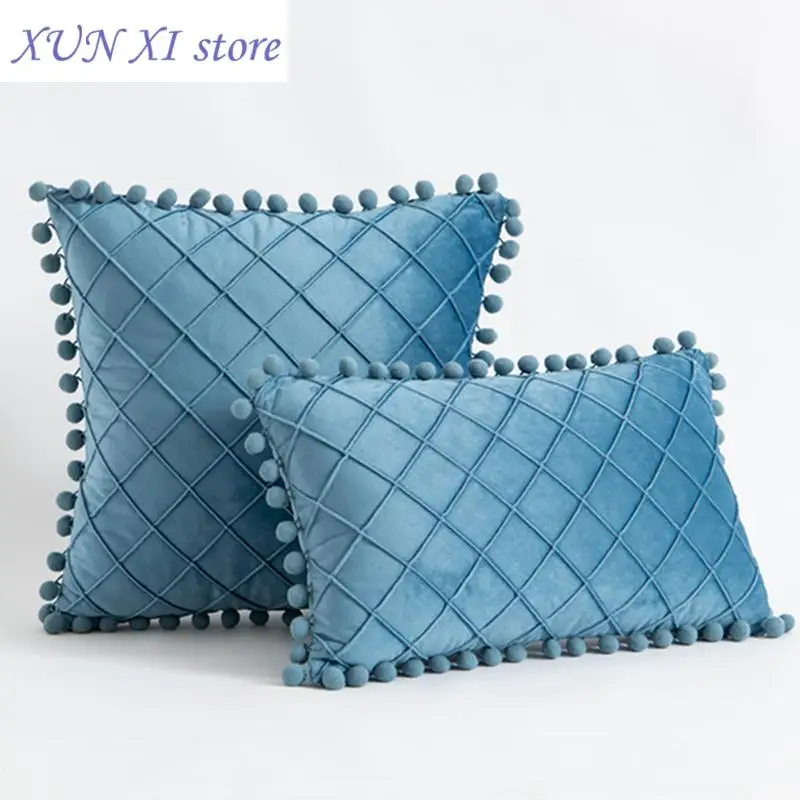 

New Cushion pillowslip Soft Velvet Decorative Cushion with Ball Home Decor for Sofa Set Bedroom Pillowcase Blue Pink Pillow