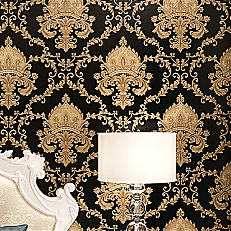 Papel de parede em relevo 3D para decoração, papel de parede metálico damasco, preto e dourado, quarto moderno, alto grau, luxo