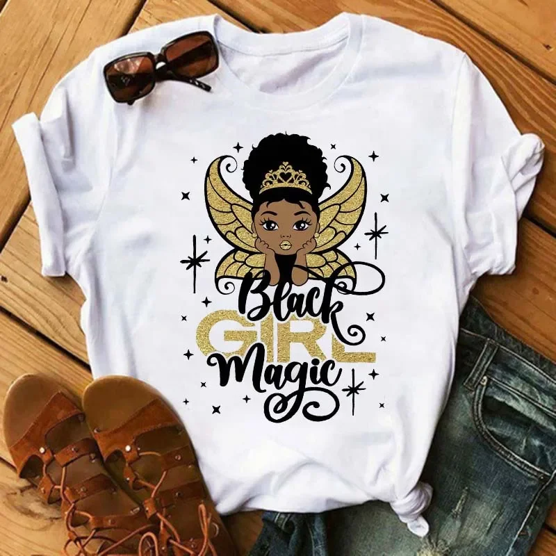 Girls T Shirt Harajuku Black African Curly Hair Women Cartoon Graphic Print Tops Female T-shirt Cute Tee Friends T Shirts