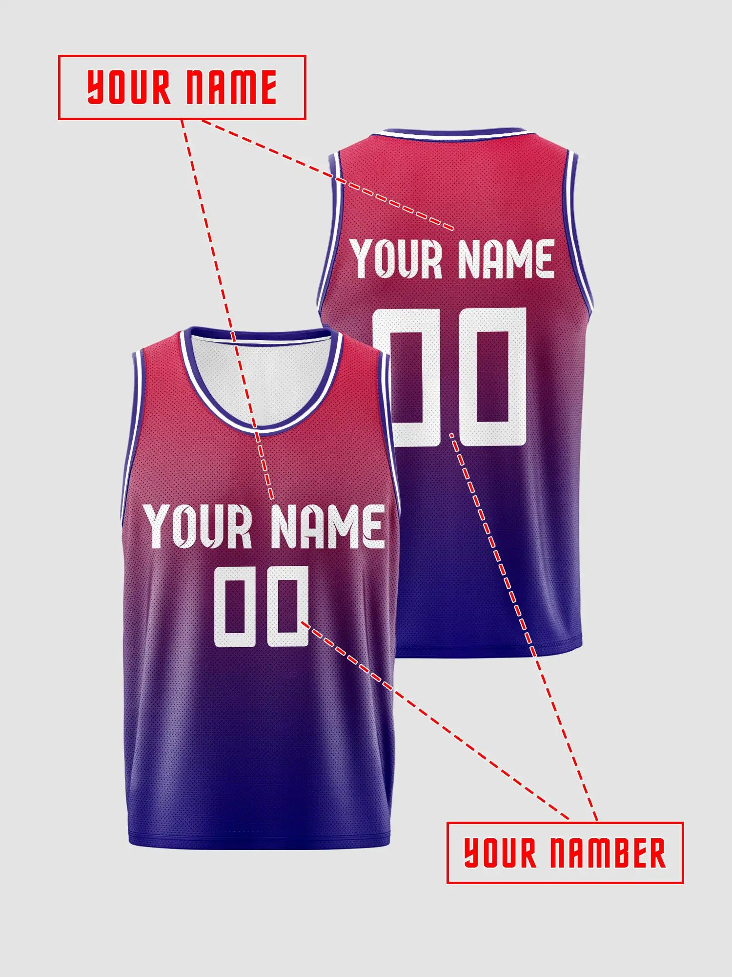 Red‑Purple Gradient Blue‑White Trim Custom Basketball Jersey, Print Name & Number, Breathable Quick‑Dry for Kids Adults